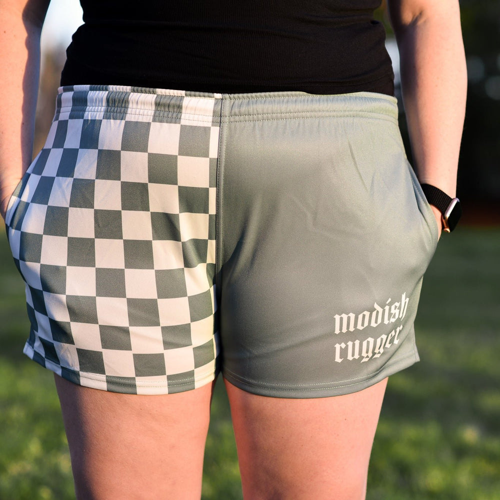 "In Rugby We Trust" Teal Checkered Rugby Shorts - Modish Rugger