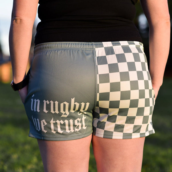 "In Rugby We Trust" Teal Checkered Rugby Shorts - Modish Rugger