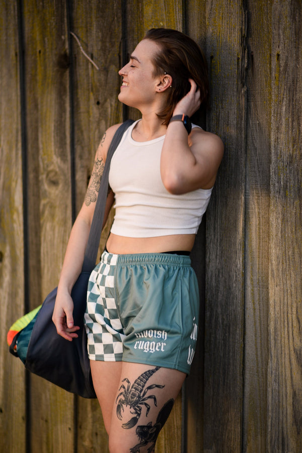 "In Rugby We Trust" Teal Checkered Rugby Shorts - Modish Rugger