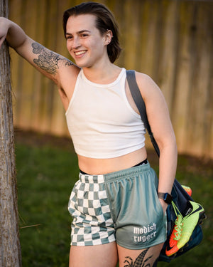 "In Rugby We Trust" Teal Checkered Rugby Shorts - Modish Rugger