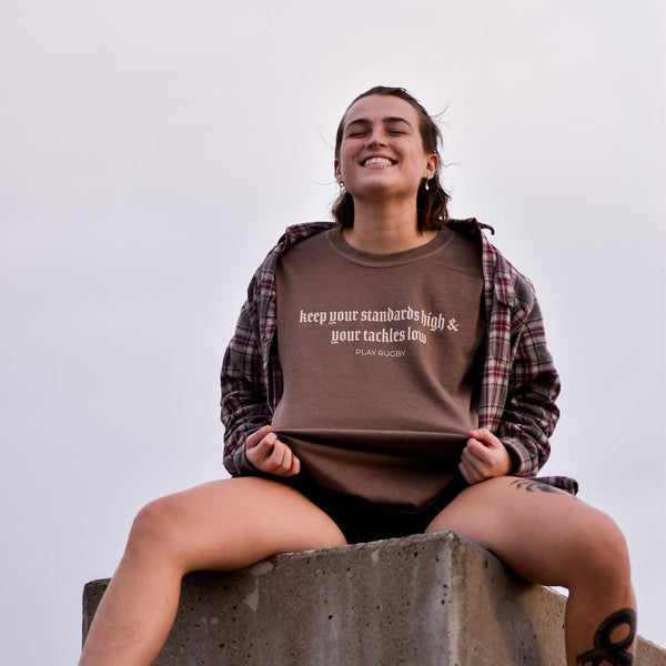 “Keep Your Standards High & Tackles Low” Rugby Tee | Women’s & Unisex Shirt - Modish Rugger